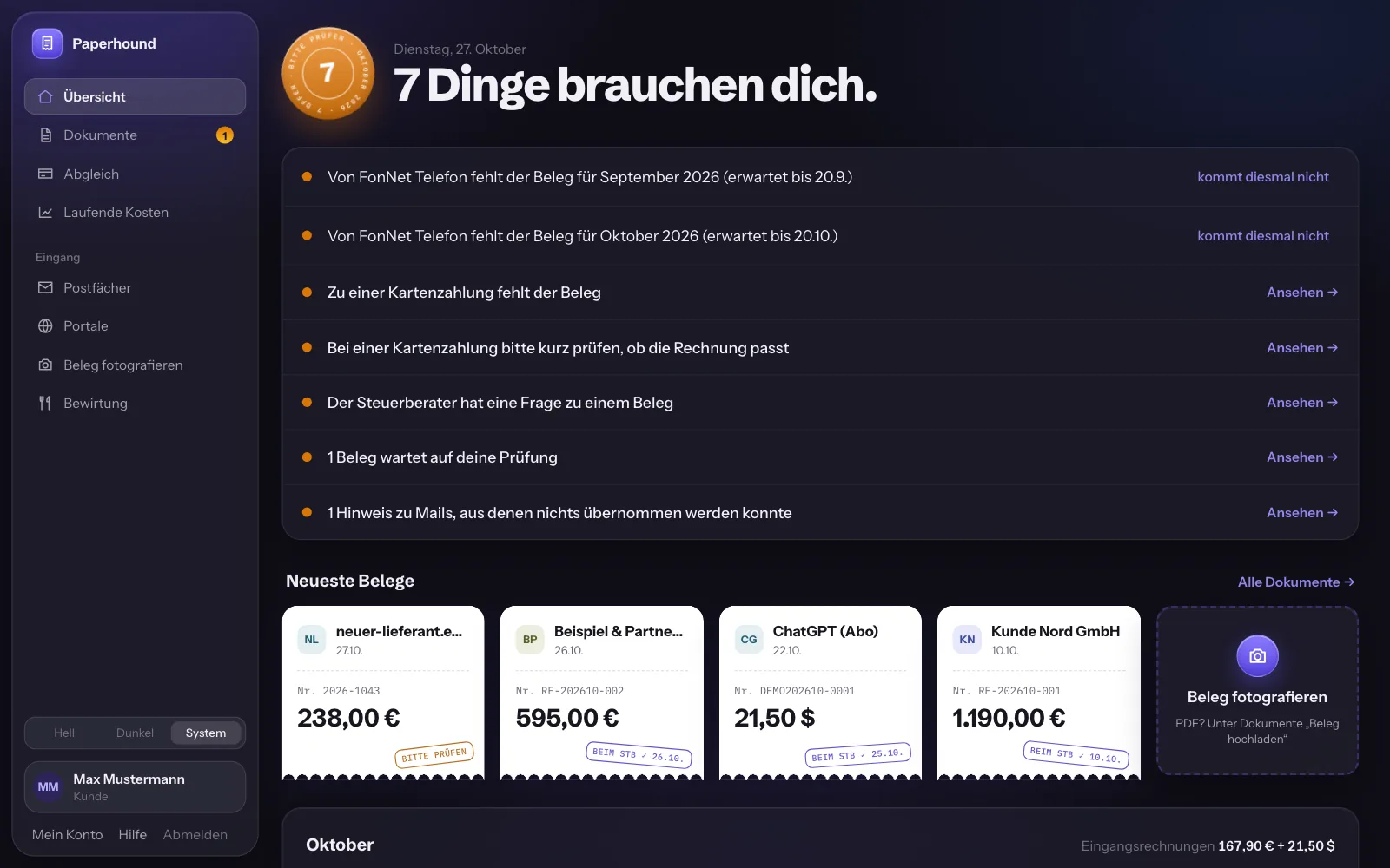 Übersicht von Paperhound: oben sieben offene Punkte, etwa ein fehlender Beleg und eine Frage des Steuerberaters, darunter die neuesten Belege mit Betrag und Stand.